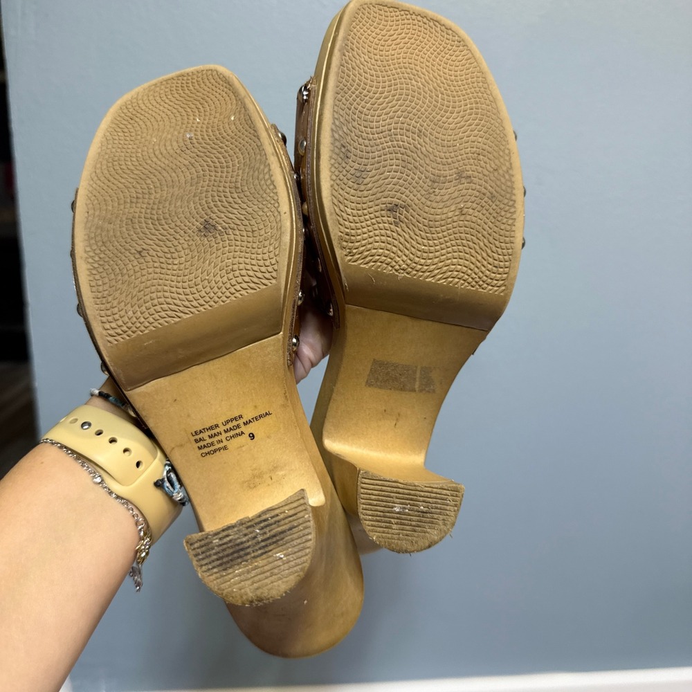 Vtg Candies Brown Leather Studded heels Platform Mules Square Toe 9 shoes y2k - Picture 7 of 15